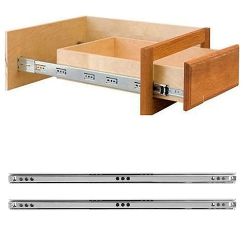 2 Pack Heavy Duty Cabinet Drawer Slides Replacement Ball Bearing Smooth Bidirectional Glide Rails 15–20kg Load Capacity 34.2 x 1.7 x 0.8 cm Silver Cabinet Rails For Dresser Drawers And Cabinets shown installed on wooden drawer.