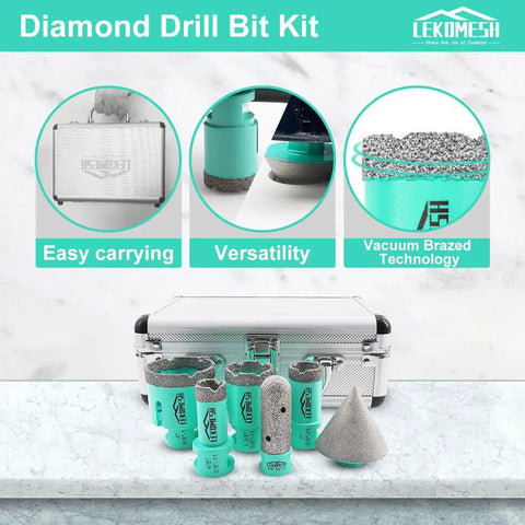 Pro Grade Diamond Core Drill Bit Set 6Pc Tile Hole Saw Kit with case and drill bits displayed on marble surface.