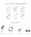 Engage Brushed Nickel Magnetic Handheld Shower Head With Six Functions diagram and included items