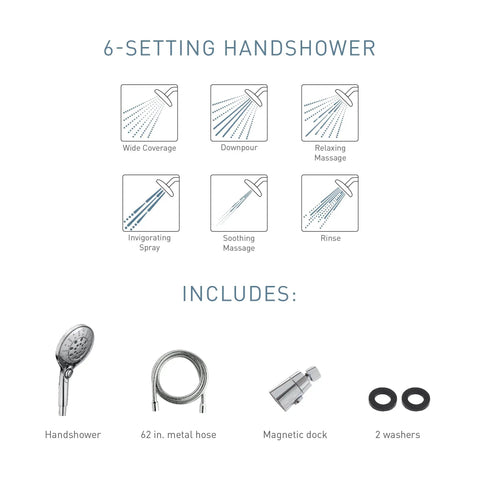 Engage Brushed Nickel Magnetic Handheld Shower Head With Six Functions diagram and included items