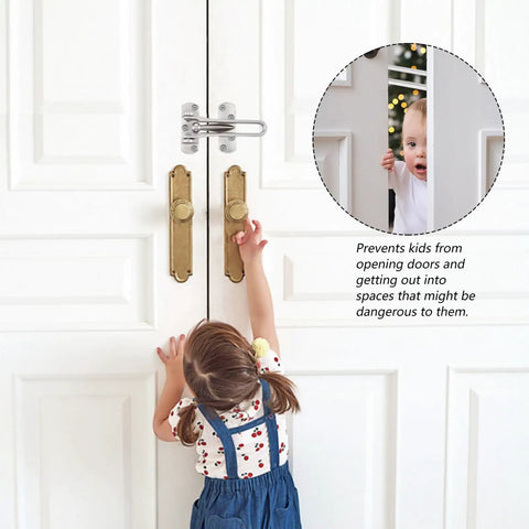 Child safety demonstration featuring Six Pack Tough As Nails Heavy Duty Swing Bar Door Lock With Mounting Screws Zinc Alloy Security Latch.