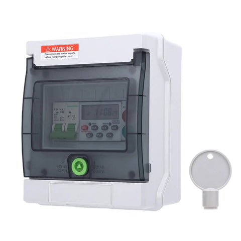 Outdoor Distribution Box With IP66 PVC PA66 Housing And Weatherproof Digital Timer for all-weather use, front view.