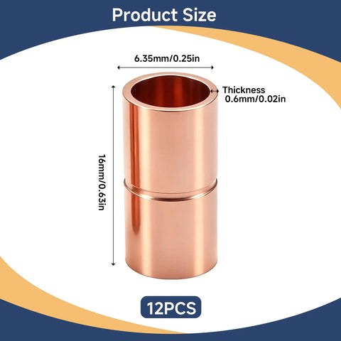 Twelve Pack Quarter Inch Copper Pipe Couplings And Straight Adapters with size 6.35mm ID and 16mm length for HVAC uses.