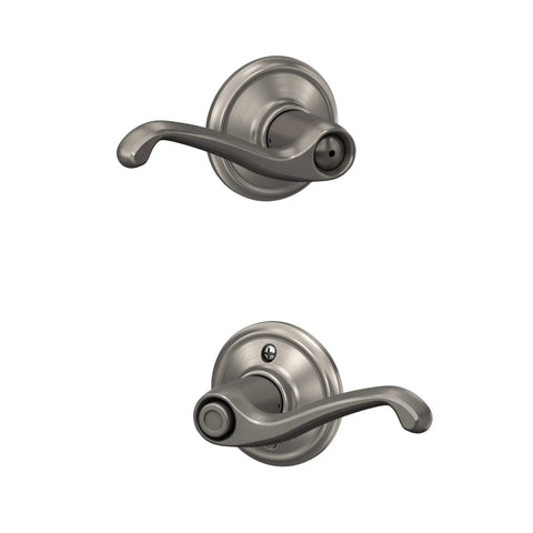 Flair Door Lever Privacy Lock For Bedroom And Bathroom Satin Nickel Finish with push button inside and emergency pin key outside