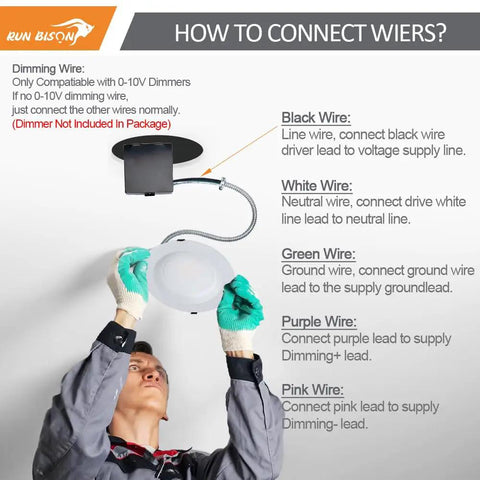12 Inch Canless LED Recessed Downlight With Junction Box installation guide showing wire connection instructions for dimming.
