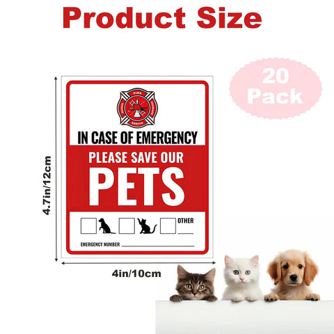 Pet Safety Alert Fire Rescue Stickers 20 Pack Four By Four Point Seven Inch Emergency Vinyl Door Window Signs For Your Fur Babies