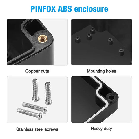 Close-up of Two Pack Waterproof ABS Project Box Enclosure IP65 Plastic Junction Case showing copper nuts and stainless steel screws.