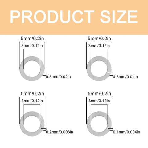 Diagram showing sizes of M3x5mm Steel Shim Washer Set, 48Pcs Ultra Thin Spacers with 0.1mm, 0.2mm, 0.3mm, and 0.5mm thickness.