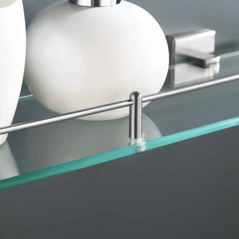 Close-up of Stainless Steel Glass Bathroom Shelf 1 Tier Wall Mount Brushed Finish Rustproof, 6mm Tempered Clear Glass with modern decor items.