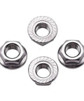 50 Pack M5 Serrated Flange Hex Locknuts Crafted From Top Shelf 304 Stainless Steel With Slick Bright Finish And Built Tough Corrosion Resistance For Real World Jobs close-up showing serrated edge and hex shape.
