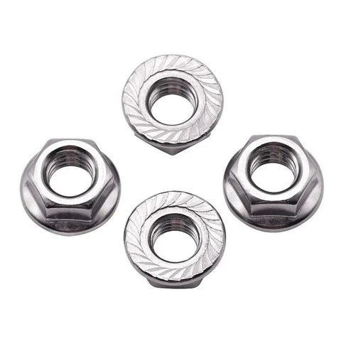 50 Pack M5 Serrated Flange Hex Locknuts Crafted From Top Shelf 304 Stainless Steel With Slick Bright Finish And Built Tough Corrosion Resistance For Real World Jobs close-up showing serrated edge and hex shape.