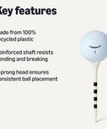 Image showing features of 3-1/4 Inch Pro-Grade Recycled Plastic Golf Tees With Height Marker System, 4-Prong Head with a golf ball.