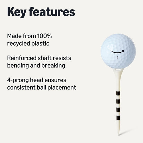 Image showing features of 3-1/4 Inch Pro-Grade Recycled Plastic Golf Tees With Height Marker System, 4-Prong Head with a golf ball.