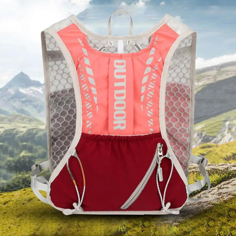 Lightweight Running Vest Hydration Backpack with Breathable Mesh Back Reflective Outdoor Daypack, pink in mountain setting