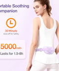 Portable Belly And Back Heating Pad For Period Cramps being worn, highlighting cordless design and 5000mAh battery with 1.5-8h usage.