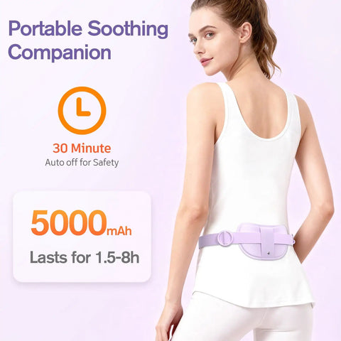 Portable Belly And Back Heating Pad For Period Cramps being worn, highlighting cordless design and 5000mAh battery with 1.5-8h usage.