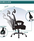 Home Office Desk Chair With Footrest, High Back Mesh Chair, showing recline feature and height adjustment levers