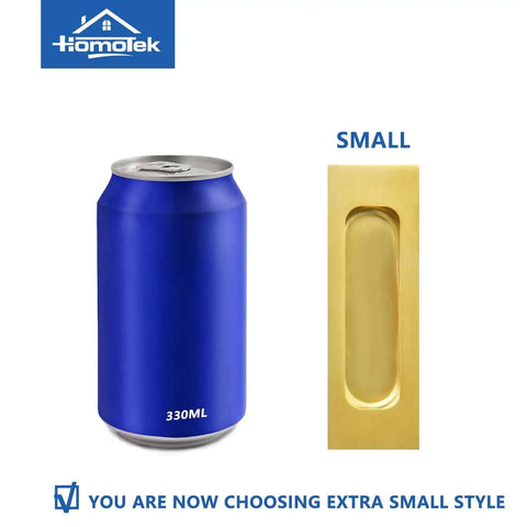2 Pack 120Mm Flush Sliding Door Pulls Recessed Finger Pulls in brushed gold next to a blue 330ml can for size comparison