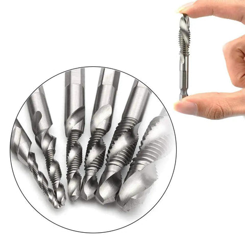 Six Piece Drill Tap Combination Bit Set With 1/4 Inch Hex Shank For 1/8 To 3/8 Inch Sizes HSS 4341 High Speed Steel