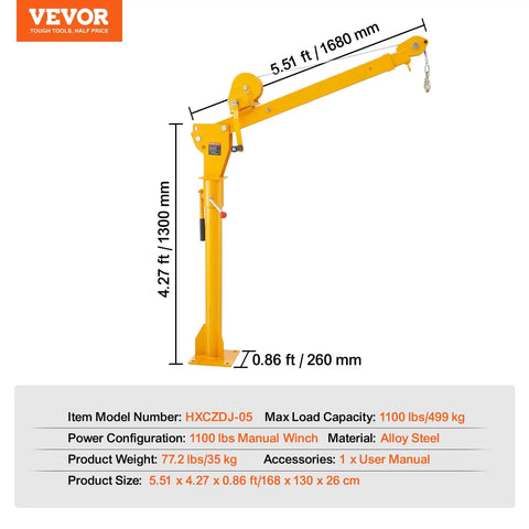 Side view of Pickup Truck Bed Crane With 1100 Lb Manual Winch Folding Jib Hoist Steel Construction 360 Degree Swivel Workhorse Mountable Truck Crane For Lifting Heavy Goods On Job Sites Easy Setup And Durable Build