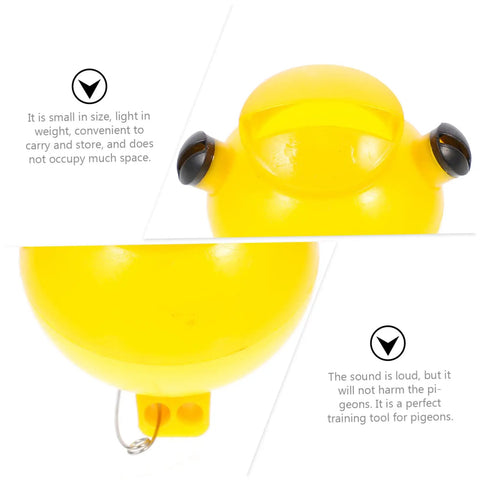 Close-up of two pack portable three tone pigeon training whistles showing yellow plastic body and black nozzles.