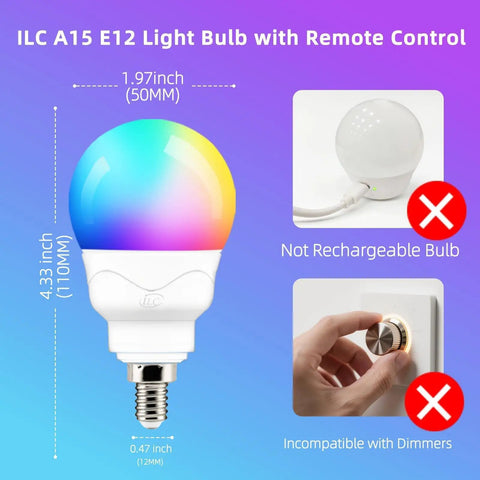 Color Changing RGB LED Bulbs E12 5W 12 Colors A15 Candle Base With Remote 4 Pack shown with dimensions and compatibility.
