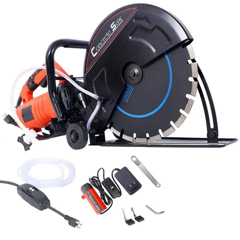 Builder Grade Kickass Concrete Cut Off Saw With 14 Inch Diamond Blade And Raging 15 Amp Motor For Knockout Wet Or Dry Masonry Projects, showcasing the saw and accessories.