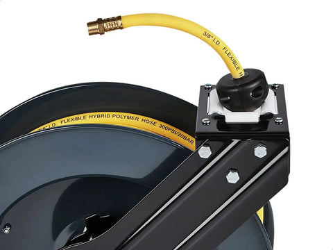 Beefy Heavy Duty Steel Retractable Hose Reel For Air And Water Three Eighths Inch By Fifty Feet Hybrid Polymer Hose Max 300 PSI