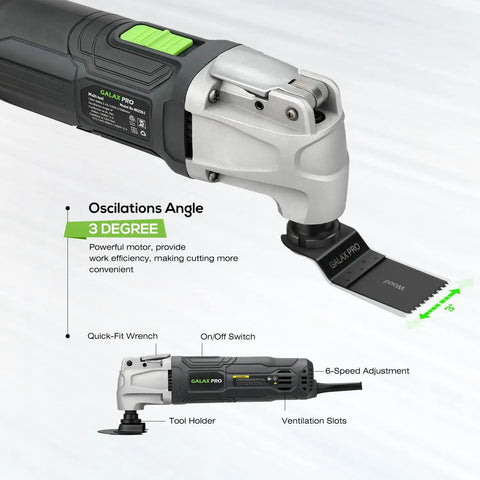 Power Packed Oscillating Multi Tool Kit With 2.4 Amp Motor, 6 Speed Settings, showing aluminum head and quick-fit wrench details