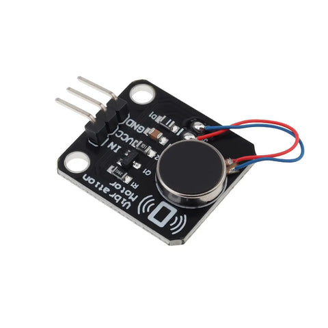 Five Pack PWM Vibration Motor Switch Module For Three Point Three Volt To Five Volt DC Systems 9000 RPM With Strong Vibration Feedback And Low Power Draw Plus Integrated MOS Amplification. Black PCB vibration motor module with 3-pin header and wires