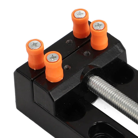 Aluminum Alloy Handheld Drill Press Vise Clamp Opens 0-2.1 Inches, close-up of vise clamp screws and threaded bar.