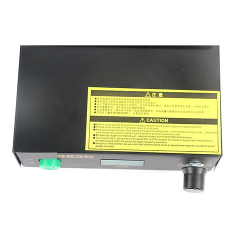 Back view of Digital 863D Soldering Preheating Station with 530W pro grade hot and cold air gun, caution label visible.