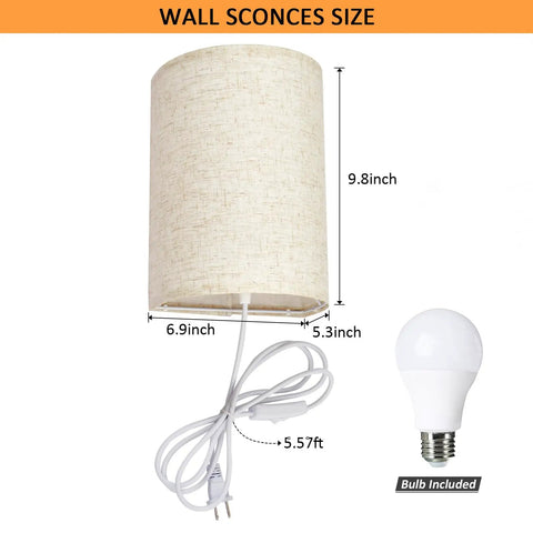 Plug In Wall Sconce Set of Two With 3 Color Modes Warm White Soft White Daylight White Industrial Vintage Vibe Wall Lights With On Off Switch For Bedroom Living Room Hallway Porch showing beige linen shade and included bulb