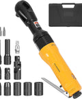 Hella Badass 3/8 Inch Air Ratchet Wrench Set With 1/2 Drive Adapter And Six Precision Sockets, ergonomic grip and accessories.