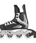 Youth Hockey Inline Skates adjustable four size fit with lace closure, felt padded tongue, aluminum frame, black and white design