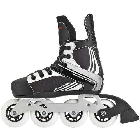Youth Hockey Inline Skates adjustable four size fit with lace closure, felt padded tongue, aluminum frame, black and white design