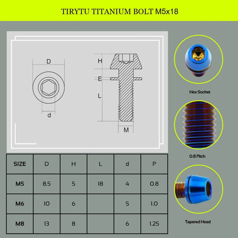 Diagram showing Ultralight Titanium M5x18 Bike Stem Bolts Set 6Pcs With Washers Burnt Blue, dimensions and hex socket design.