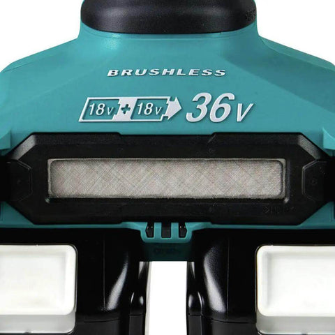 Kickass 36V Brushless Angle Grinder And Cut Off Tool With 9 Inch Blades showing dual 18V battery connections and brushless motor.