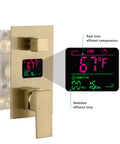 Built Tough 22 Inch LED Shower System With Bluetooth Audio And Digital Thermostat digital control panel in antique brass finish.