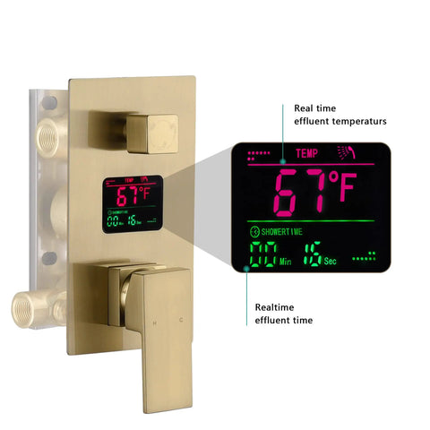 Built Tough 22 Inch LED Shower System With Bluetooth Audio And Digital Thermostat digital control panel in antique brass finish.