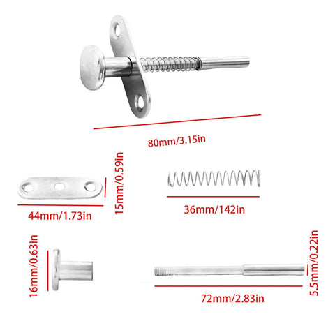 Two Piece Stainless Steel Spring Plunger Latch Lock Set 6.5 By 80 Mm showing various components and measurements for easy installation.