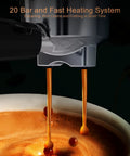 Close-up of espresso machine extracting rich crema using 20 Bar pressure for smooth shots and quick frothing.