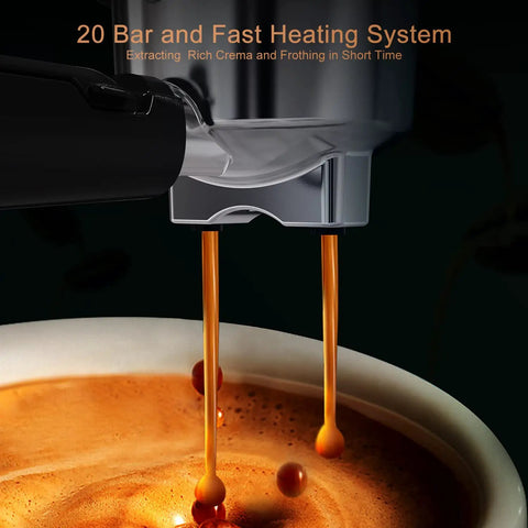 Close-up of espresso machine extracting rich crema using 20 Bar pressure for smooth shots and quick frothing.