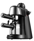 Compact Automatic Espresso Machine For Home Brewing Hot Or Iced Coffee With Built In Milk Frother and Steam Wand, black design.