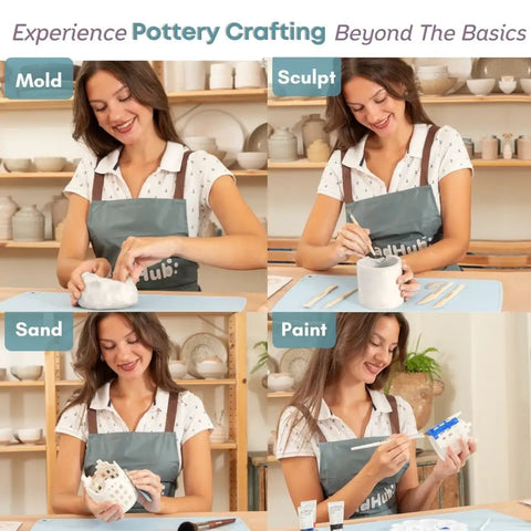 Collage showing steps to mold, sculpt, sand, and paint with Beginner Pottery Kit With Air Dry Clay 4.4 Lbs And 2Kg Modeling Clay