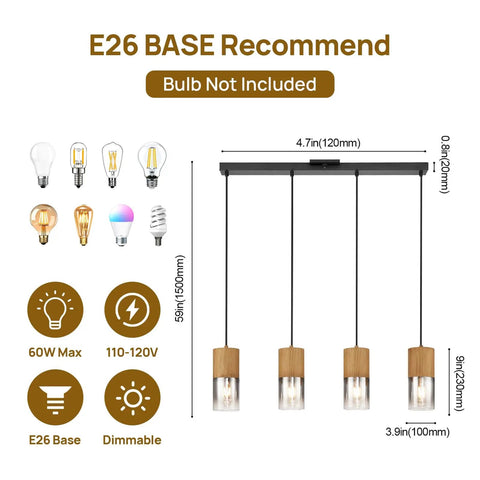 Adjustable Pendant Light Fixture In Frosted Gold Glass, Modern Farmhouse Chandelier dimensions and E26 bulb recommendations.