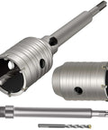 Concrete hole saw set with two 2.5-inch steel hole saws, 220mm shank, 65mm wall saw, and drill bit
