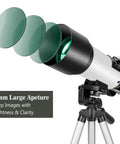 Noob-Friendly 70mm Refractor Telescope For Beginners And Kids, 400mm Focal Length Travel Scope With AZ Mount, white tube on tripod