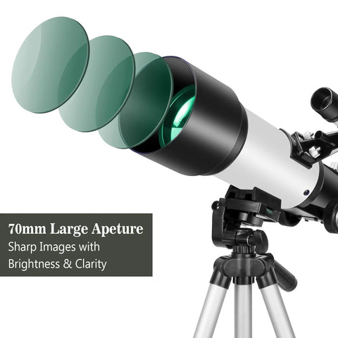 Noob-Friendly 70mm Refractor Telescope For Beginners And Kids, 400mm Focal Length Travel Scope With AZ Mount, white tube on tripod