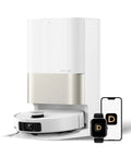 Beast Mode 20,000 Pa Suction Robot Vacuum And Mop with auto-empty dock, smartphone, and smart watch, white design.